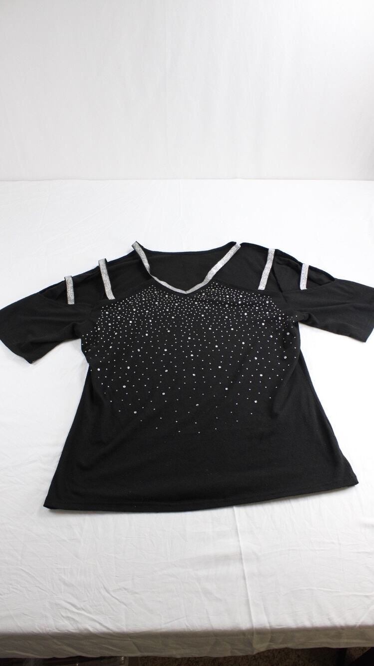 Women M Cold Shoulder Blouse Polyester Black Rhinestone Silver Trim Stretch